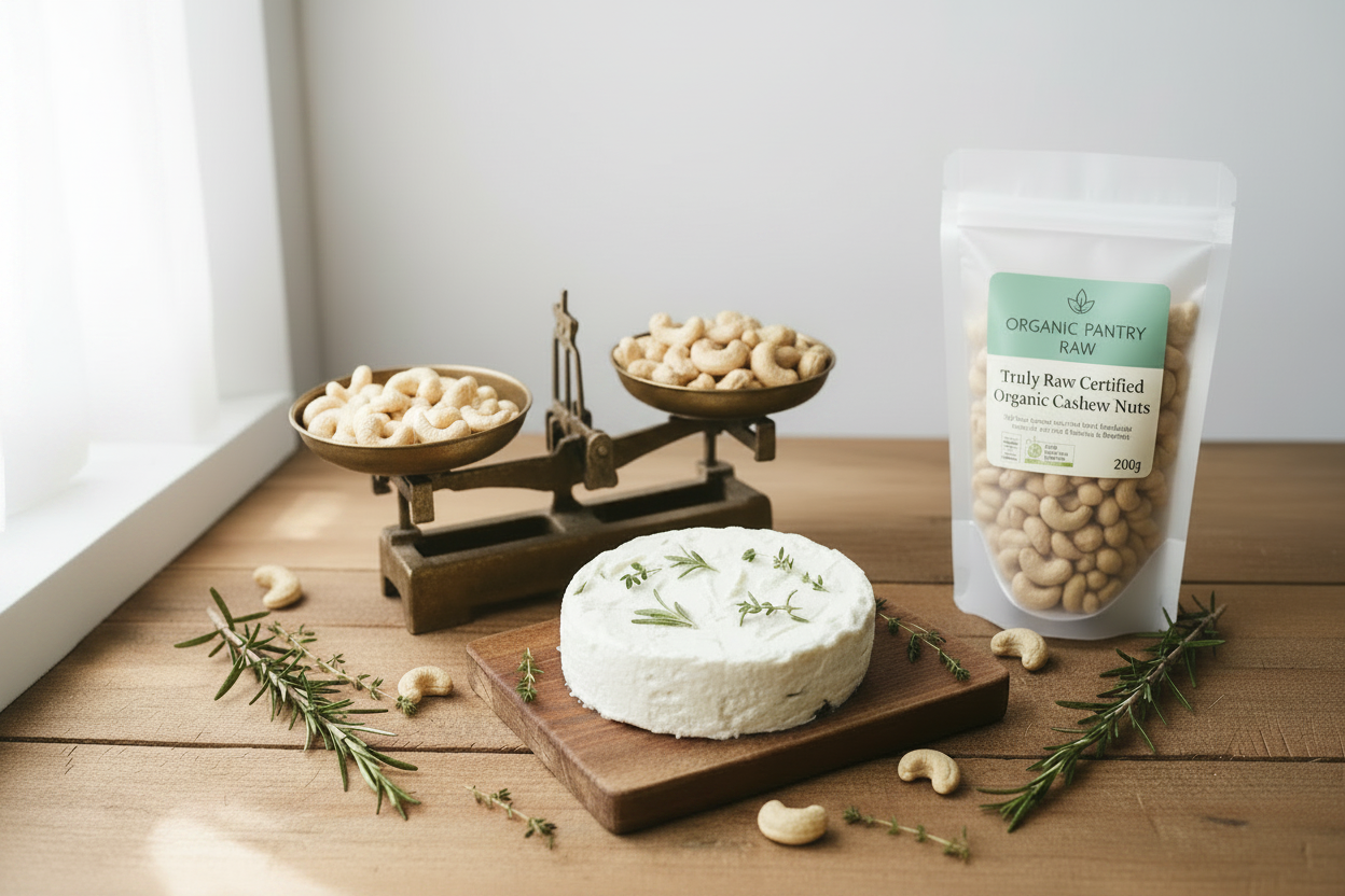 Organic Pantry Raw Truly Raw Certified Organic Cashew Nuts bag beside vintage brass scales with fermented cashew cheese wheel on wooden board