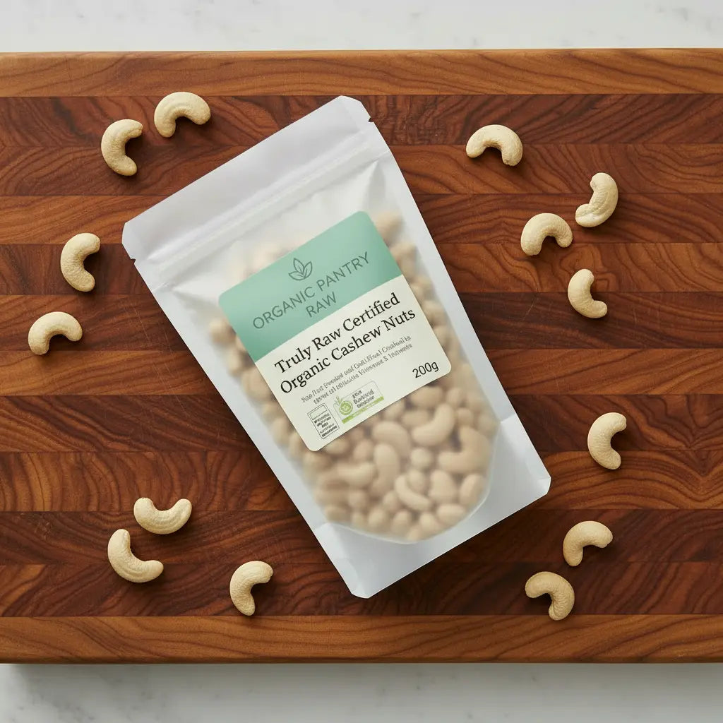 Organic Raw Cashews Australia - 200g pack of Truly Raw organic cashews by Organic Pantry Raw - Accasia shot
