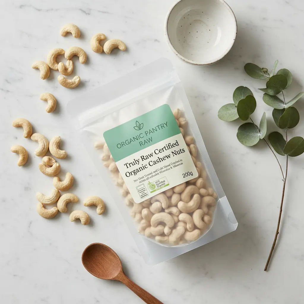 Organic Raw Cashews Australia - 200g pack of oganic cashew nuts by Organic Pantry Raw