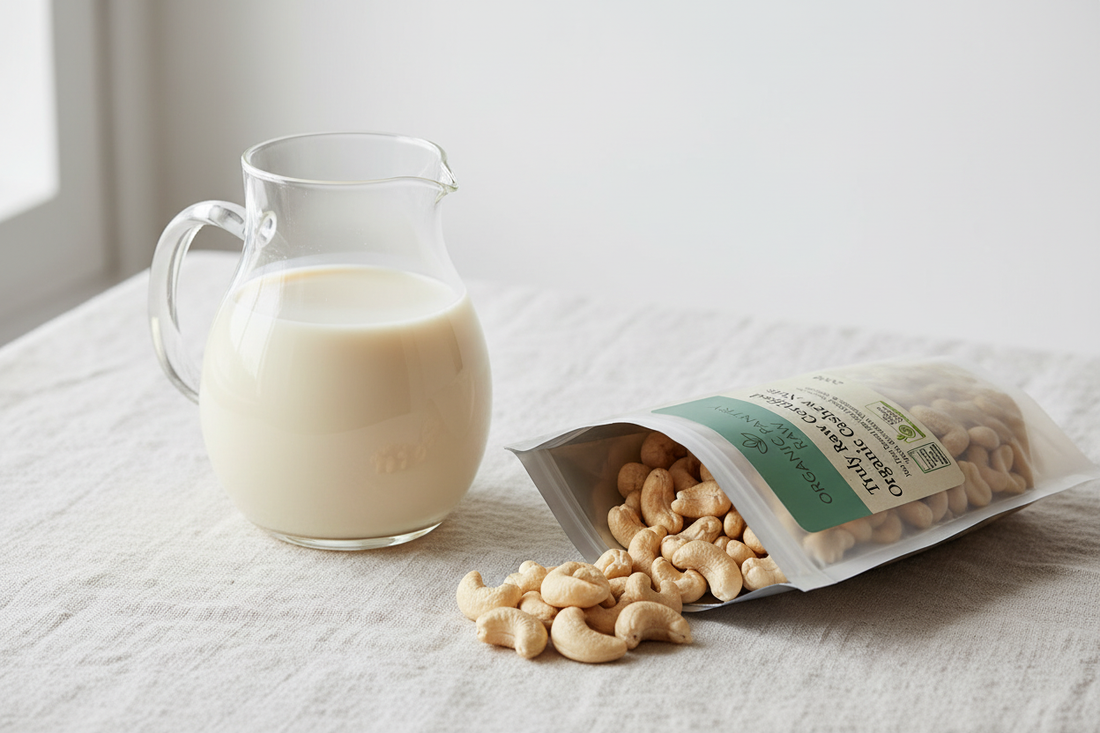 A glass pitcher of creamy homemade cashew milk sitting next to a spilled bag of Organic Pantry Raw Truly Raw Certified Organic Cashews on a linen tablecloth.
