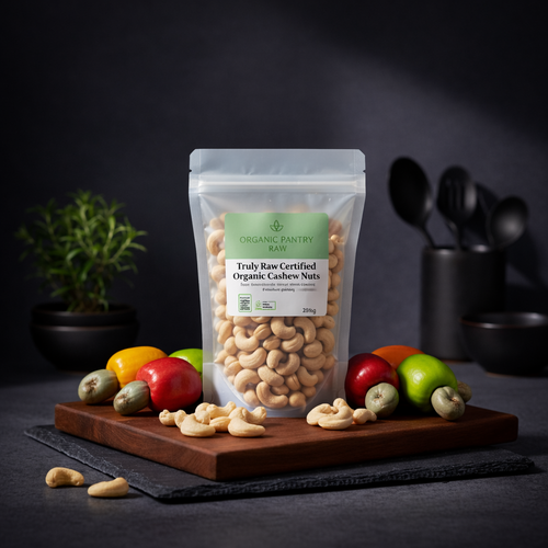 Bag of Organic Pantry raw cashew nuts on a wooden board with fruits and kitchen utensils in the background.