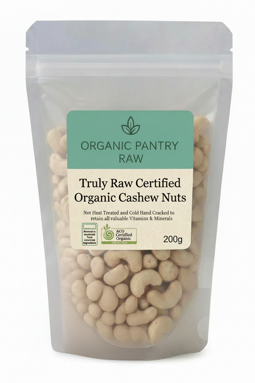 200g bag of Truly Raw Organic Cashews by Organic Pantry Raw. Cold-processed, never steamed, and hand-cracked in Melbourne, Australia.