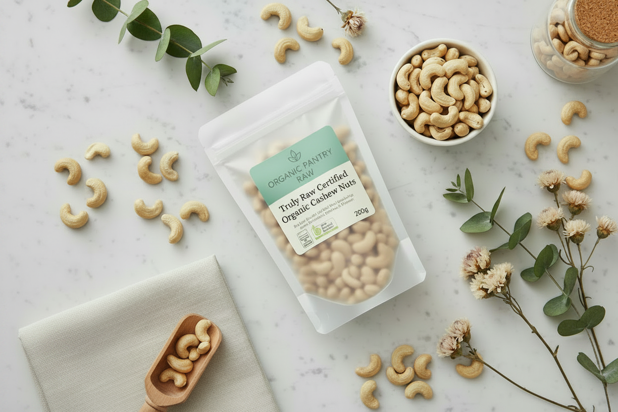 Organic Pantry Raw 200g bag of Truly Raw Certified Organic Cashew Nuts styled on marble with fresh eucalyptus and whole kernels in a ceramic bowl.