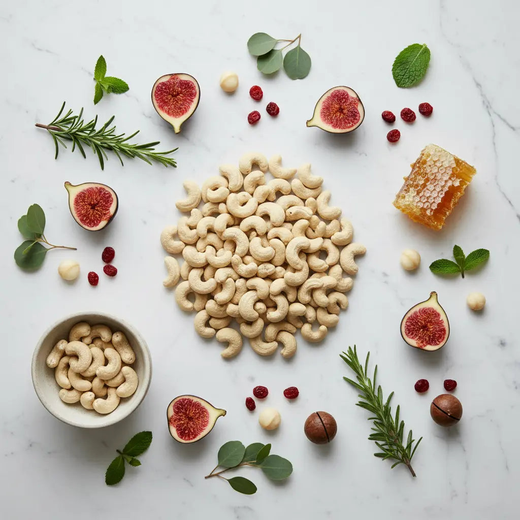 Organic raw cashews Australia - 200g pack of organic raw cashews styled with fresh figs, honeycomb, and rosemary on white marble.  By Organic Pantry aw