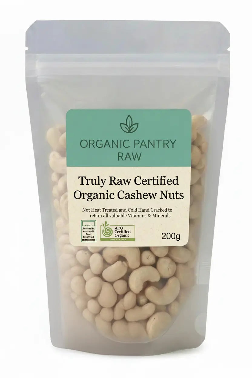 Organic raw cashews Australia - 200g pack of organic cahews, cold processed in Melbourne, Australia by Organic Pantry Raw