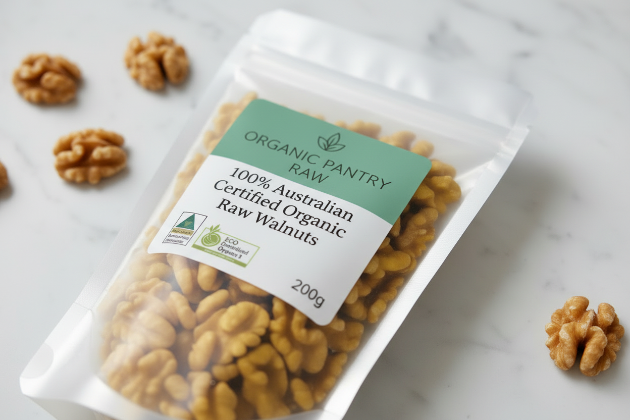 Organic walnuts Australia 200g pouch raw walnuts by Organic Pantry Raw Close-up